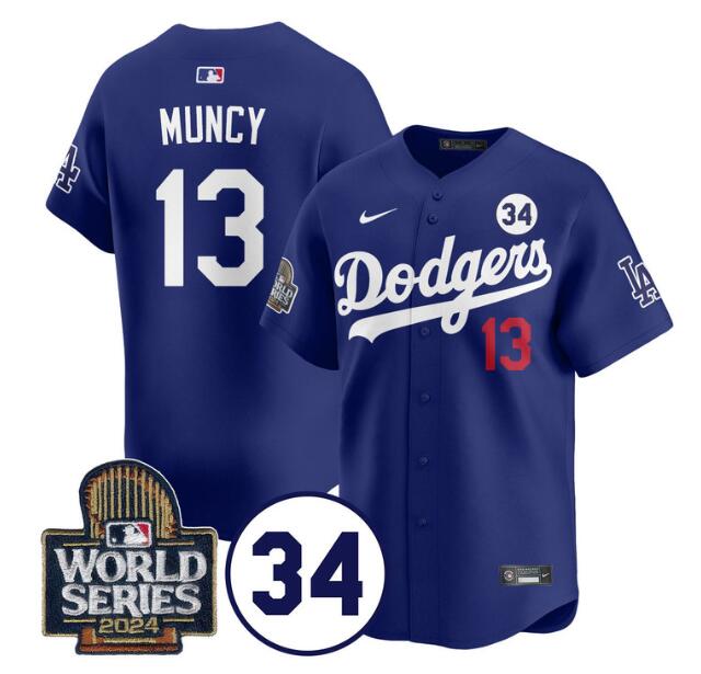 Los Angeles Dodgers #13 Max Muncy Royal 2024 World Series With No. 34 Patch Limited Stitched Jersey